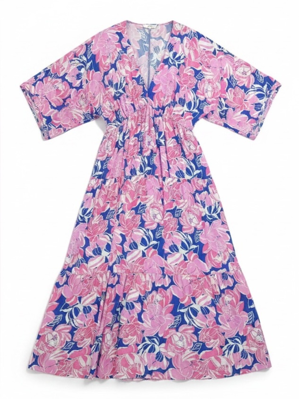 Entro Floral V-Neck Flutter Sleeve Maxi Dress Blue/Pink Size XL NWT - Picture 4 of 12